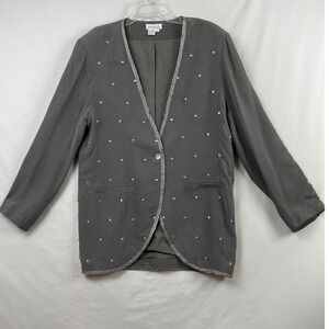 Lew Magram Blazer Women 14 Gray Silk Rhinestone Vintage Evening Jacket